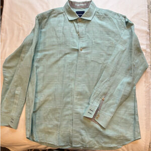 Tommy Bahama linen long sleeve mens large button down light green plaid shirt